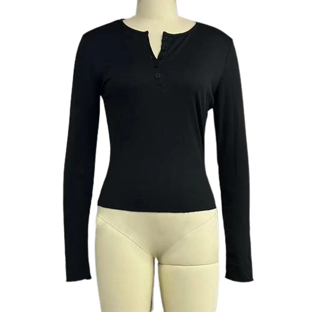 Mulheres outono primavera topo o pescoço botão manga longa fino ajuste pulôver macio respirável elástico estilo simples blusa feminina - Imagem 14