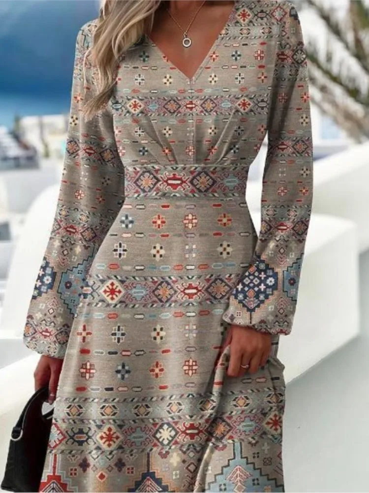 Vestido estampado slim fit feminino, mangas largas, sexy com decote em v, manga comprida, elegante, primavera, outono, novo - Imagem 2