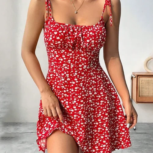 Vestido curto de praia com alça espaguete floral de verão feminino, mini vestido feminino, roupas femininas, vestidos vermelhos, vestido, novo vestido 2025