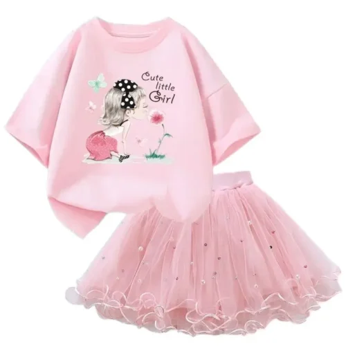 Conjunto de duas peças feminino, saia de malha tutu e camiseta, roupa de festa infantil, bonita coreana, moda verão, 3-14 anos