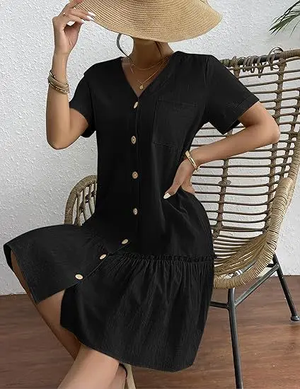 Casual algodão linho verão mini vestido para mulheres com decote em v babados manga curta vestido curto senhoras moda vestidos de botão solto - Imagem 25