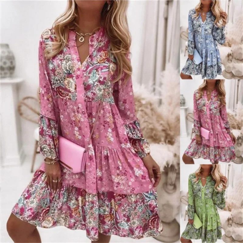 Casual floral impressão vestidos para as mulheres 2024 sping verão boho v pescoço solto uma linha vestido elegante praia vestido de festa robe femme - Imagem 6