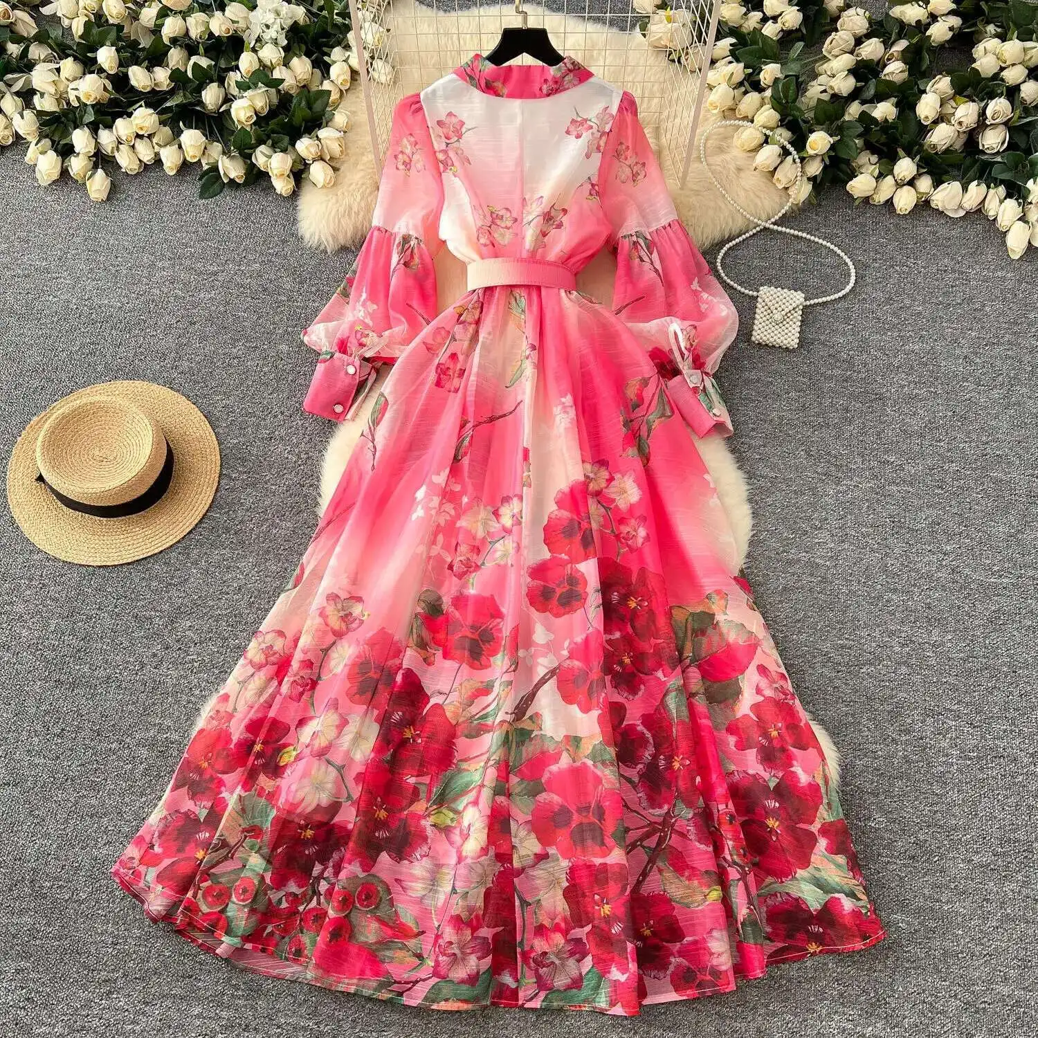 Palácio floral maxi vestido feminino verão férias vestidos longos camisa 2025 primavera manga cheia único breasted pérolas festa vestidos - Imagem 19