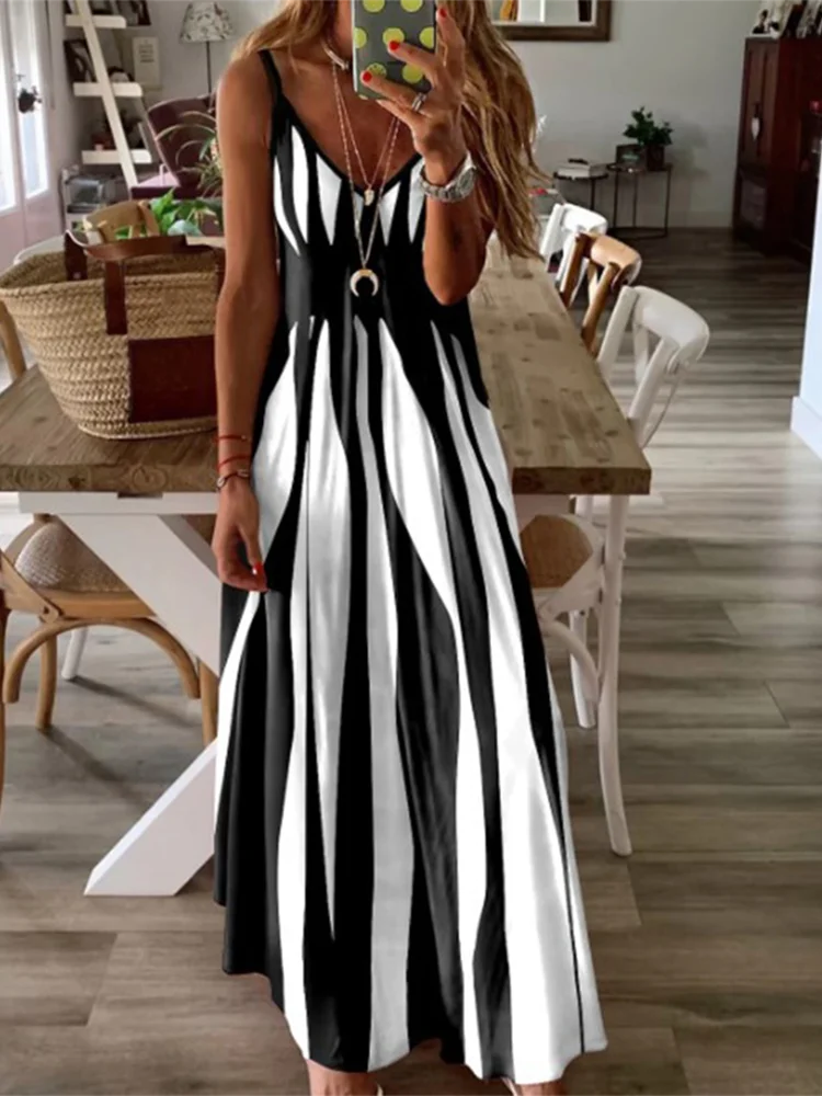 Sexy vestido sem mangas feminino preto branco listra impresso vestidos longos verão casual férias vestido de festa robe - Imagem 2