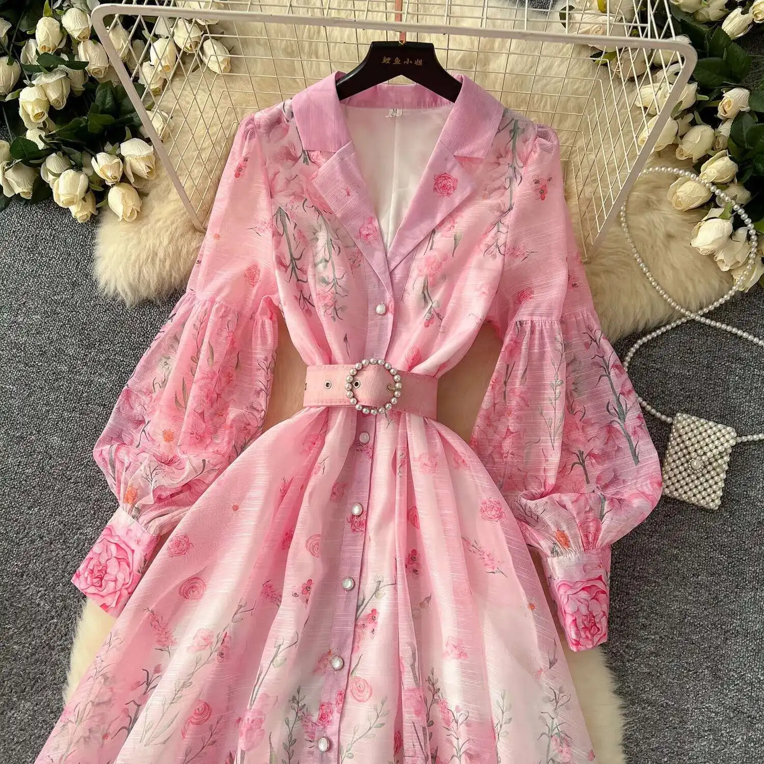 Palácio floral maxi vestido feminino verão férias vestidos longos camisa 2025 primavera manga cheia único breasted pérolas festa vestidos - Imagem 35