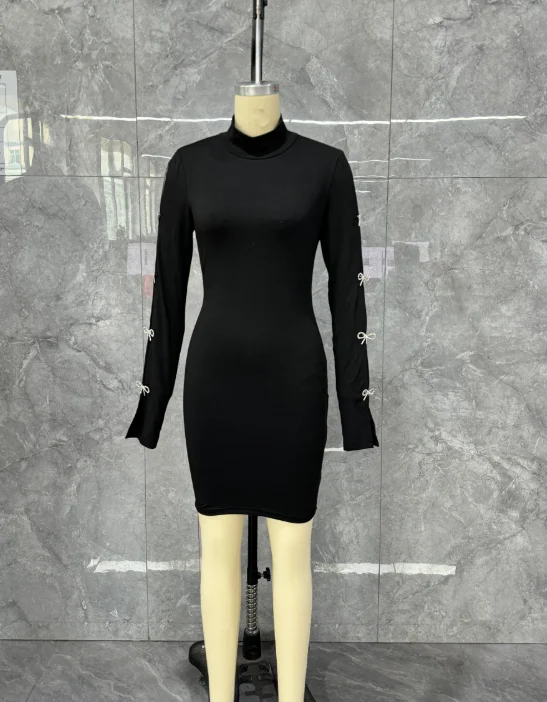 Sexy vestidos apertados elegante verão oco para fora strass arco decoração manga comprida casual alta pescoço fino ajuste diário midi vestidos - Imagem 5