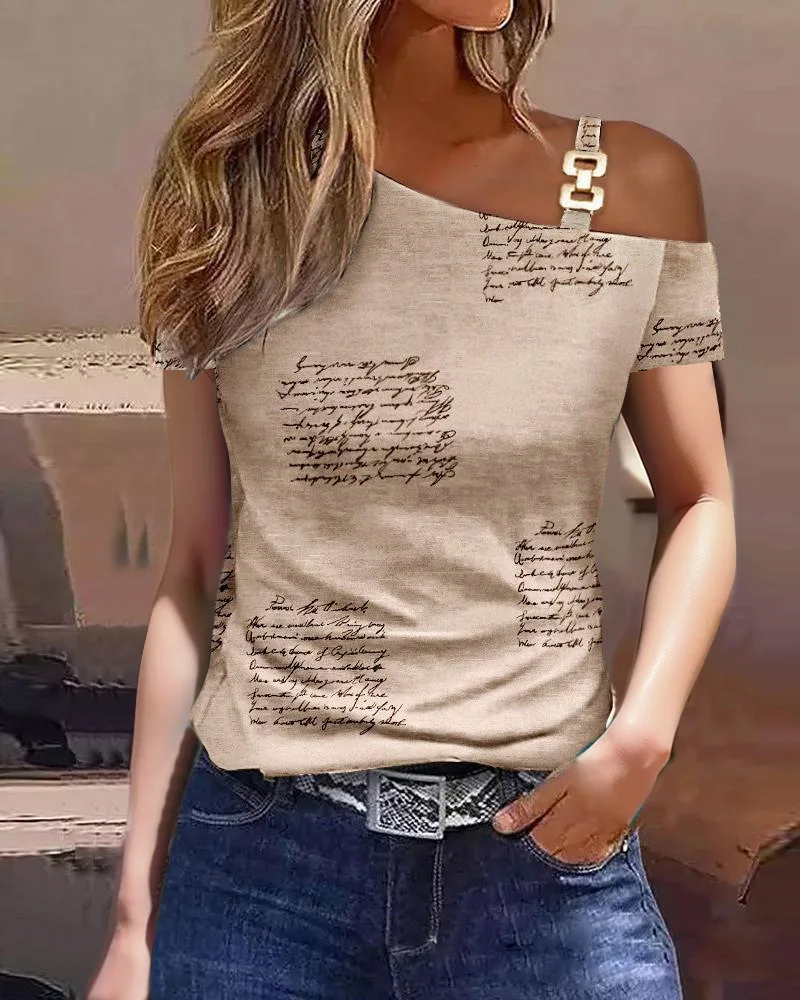 Blusa Feminina Fora do Ombro, Manga Curta, Folha de Metal, Camisa Diagonal, Casual Solta, Elegante Camisas de Escritório, Moda - Imagem 11
