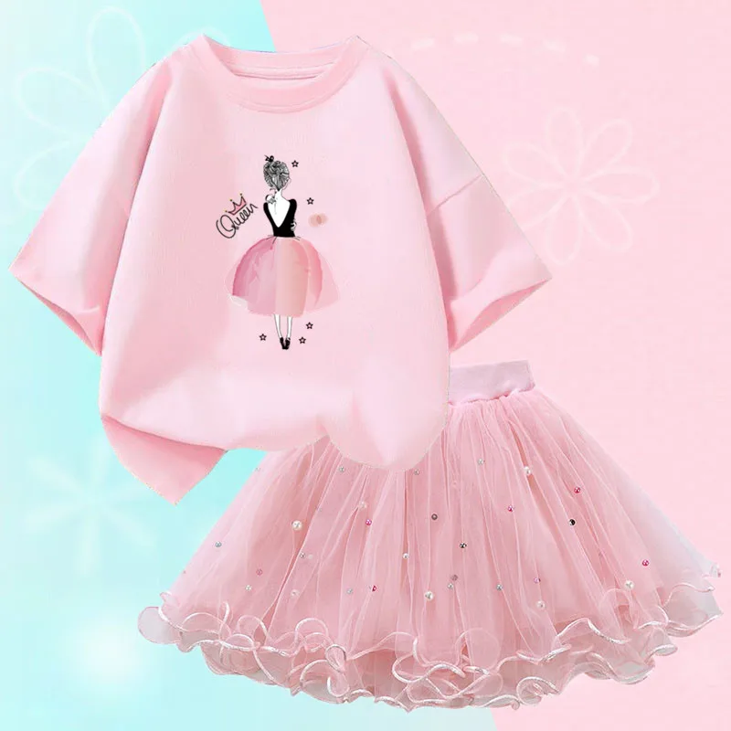 Conjunto de duas peças feminino, saia de malha tutu e camiseta, roupa de festa infantil, bonita coreana, moda verão, 3-14 anos - Imagem 16