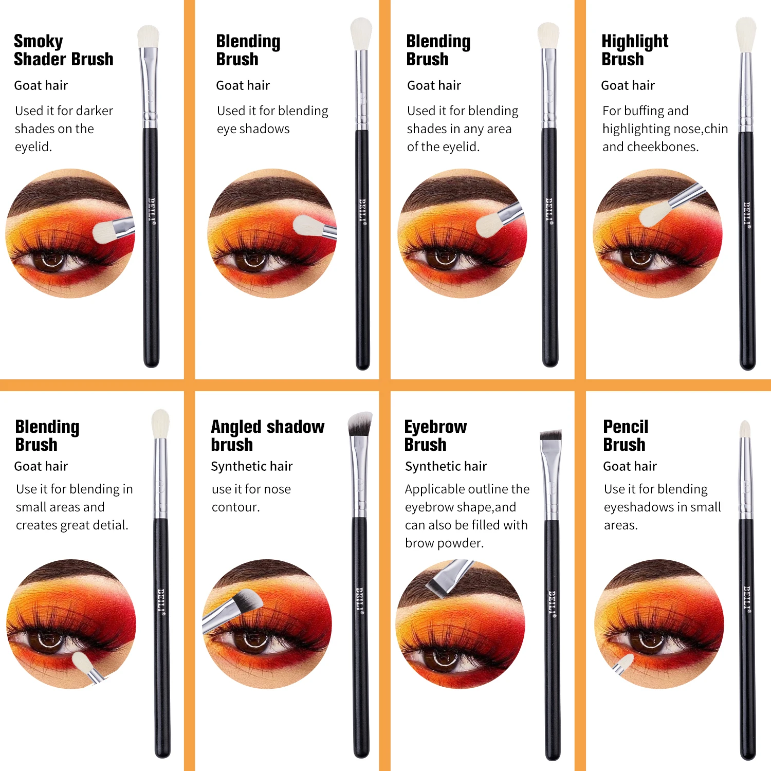 Beili profissional 6/8pcs clássico pincéis de maquiagem dos olhos naturais definir sombra sobrancelha mistura smokey black beleza maquiagem pincéis - Imagem 5