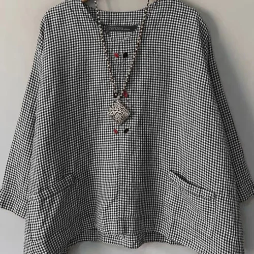 Zanzea casual solto blusa feminina verão em torno do pescoço camisa verificado impresso bolso 3/4 manga topos harajuku simples blusas