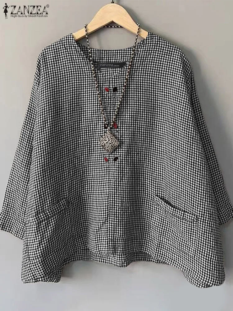 Zanzea casual solto blusa feminina verão em torno do pescoço camisa verificado impresso bolso 3/4 manga topos harajuku simples blusas