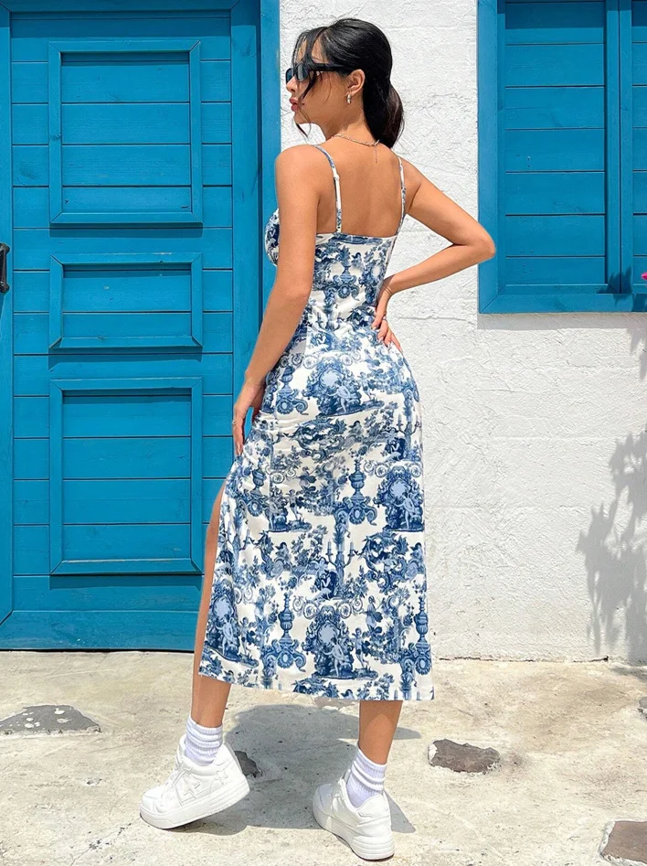 Outono 2025 vestido longo sem alças envoltório no peito fenda alta margarida estampa leopardo envoltório em torno da saia vestido maxi - Imagem 2