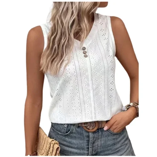 Blusas femininas de verão oversized com decote em v cor sólida sexy tanque oco botão camisas soltas elegante doce casual sem mangas topos