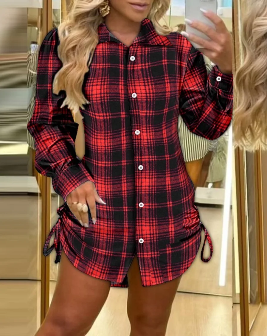 Moda vermelho xadrez camisa feminina vestido primavera novo produto flip colarinho casual cordão lateral com botão mini vestido 2025 - Imagem 5