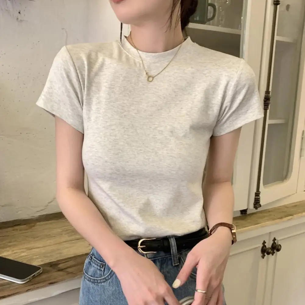Blusa elegante de manga curta feminina, camiseta feminina slim fit elegante, pulôver macio com o pescoço, streetwear monocromático, top elástico