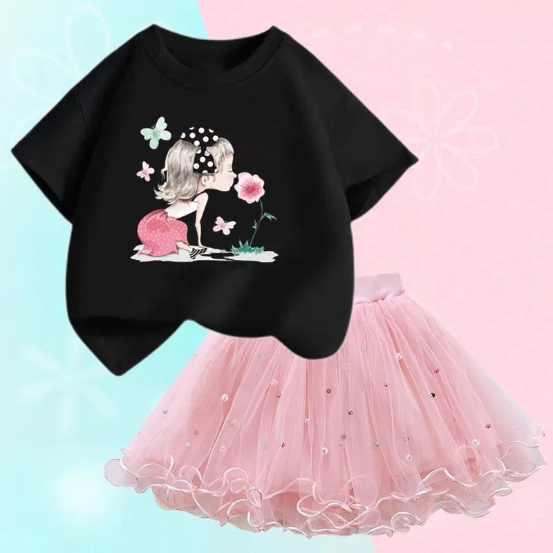 Conjunto de duas peças feminino, saia de malha tutu e camiseta, roupa de festa infantil, bonita coreana, moda verão, 3-14 anos - Imagem 31