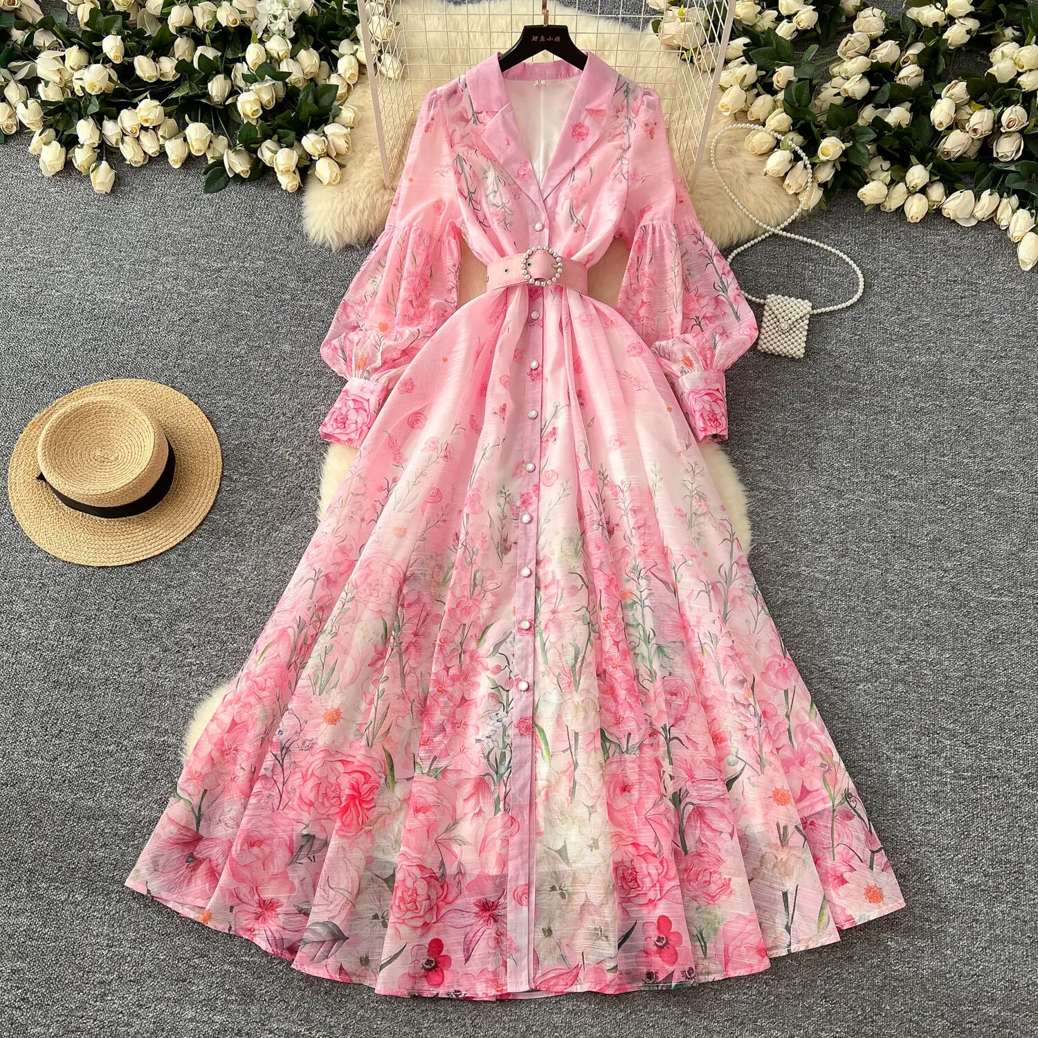 Palácio floral maxi vestido feminino verão férias vestidos longos camisa 2025 primavera manga cheia único breasted pérolas festa vestidos - Imagem 9