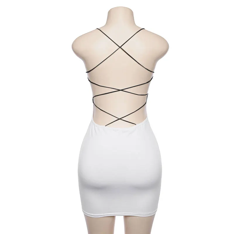 Sexy preto verão roupas femininas cor sólida sem costas cintas de espaguete boate vestido bodycon festa à noite baixo pescoço mini vestido - Imagem 33