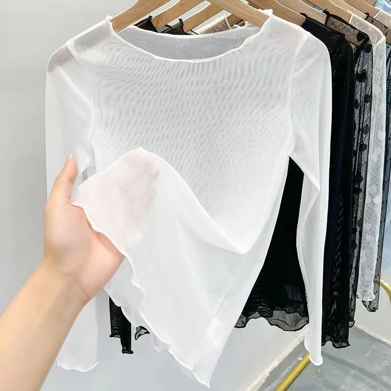 Gelo gaze inferior blusa feminina verão transparente protetor solar areia camiseta de mangas compridas perspectiva pele casaco de renda topo - Imagem 5