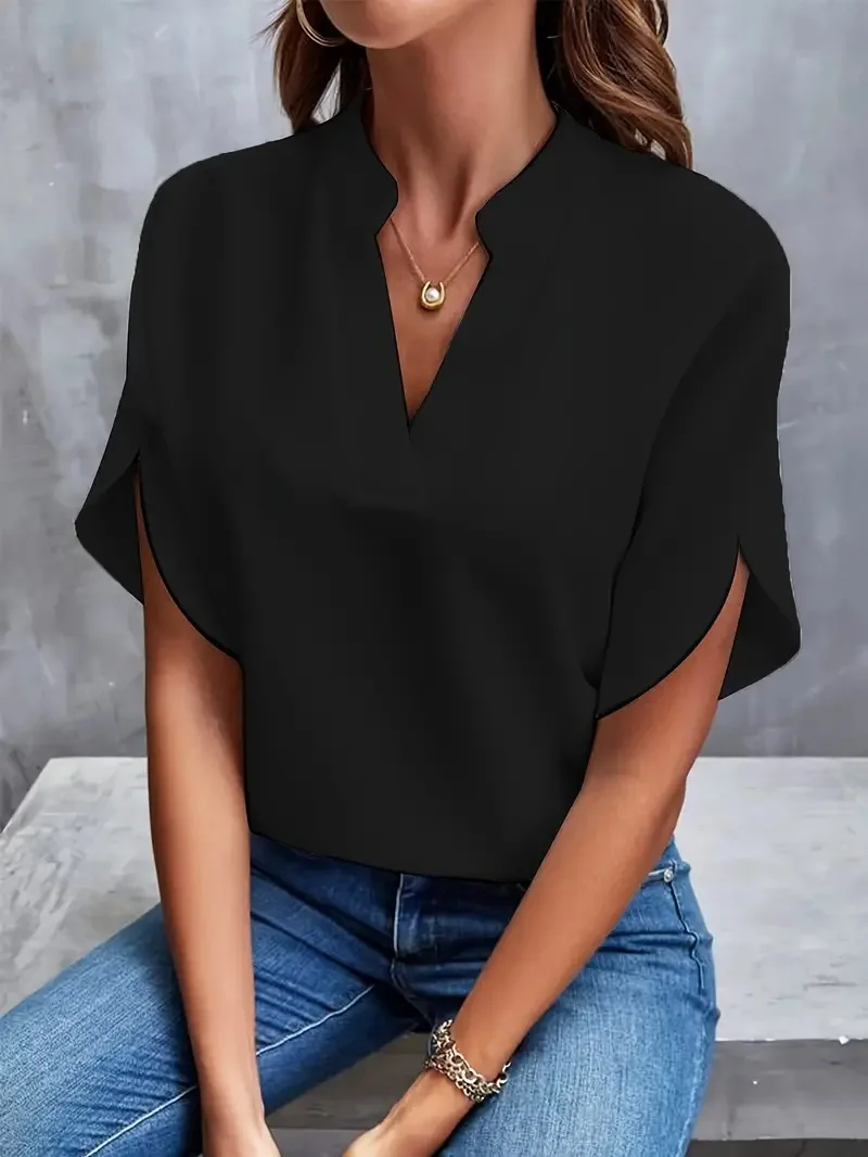 Verão elegante blusa feminina novo decote em v manga curta cor sólida camisa solta casual branco topos senhora do escritório blusas - Imagem 4