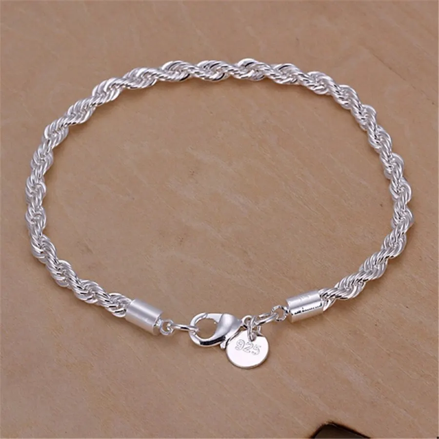 Cor prata 4mm corrente masculina corda torcida colar pulseiras moda feminina masculino prata conjunto de jóias de alta qualidade - Imagem 12