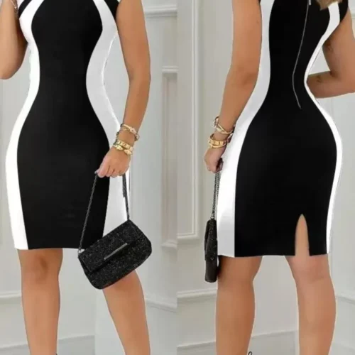 Moda feminina em torno do pescoço sem mangas bodycon zíper mini vestido novo verão colorblock volta dividir festa senhora magro lápis vestidos