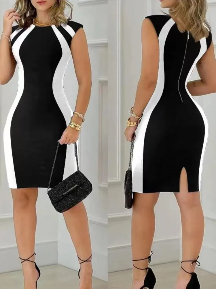 Moda feminina em torno do pescoço sem mangas bodycon zíper mini vestido novo verão colorblock volta dividir festa senhora magro lápis vestidos