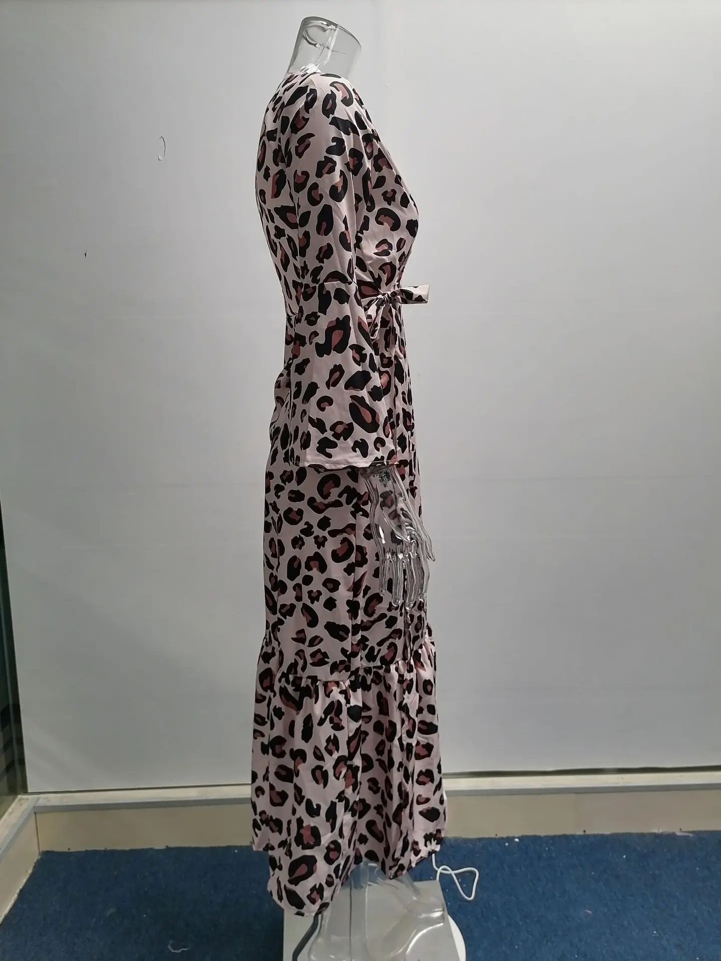 Novo outono inverno manga comprida amarrado com decote em v suspender costura impresso elegante e confortável vestido de fenda para mulher - Imagem 27