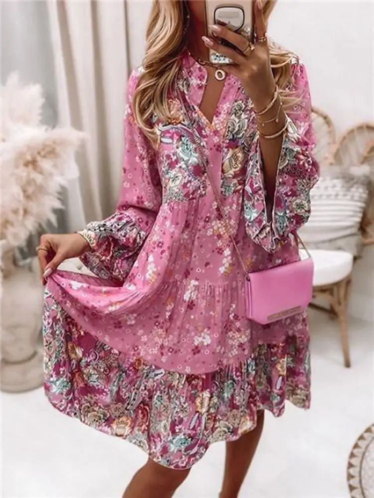 Casual floral impressão vestidos para as mulheres 2024 sping verão boho v pescoço solto uma linha vestido elegante praia vestido de festa robe femme - Imagem 5