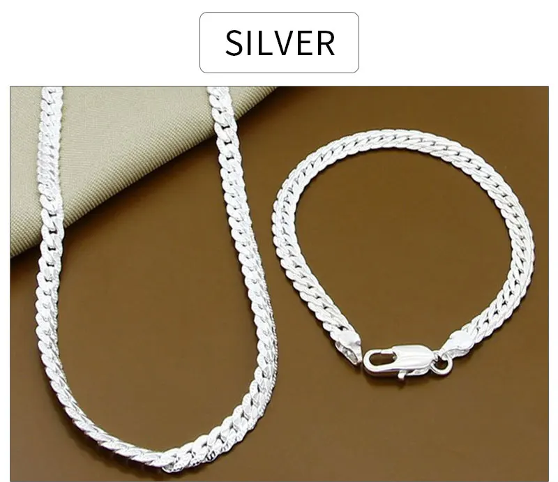 Urmylady 925 prata esterlina 2 peças 6mm corrente lateral completa colar pulseira para mulheres homens moda conjuntos de jóias presente de casamento - Imagem 9