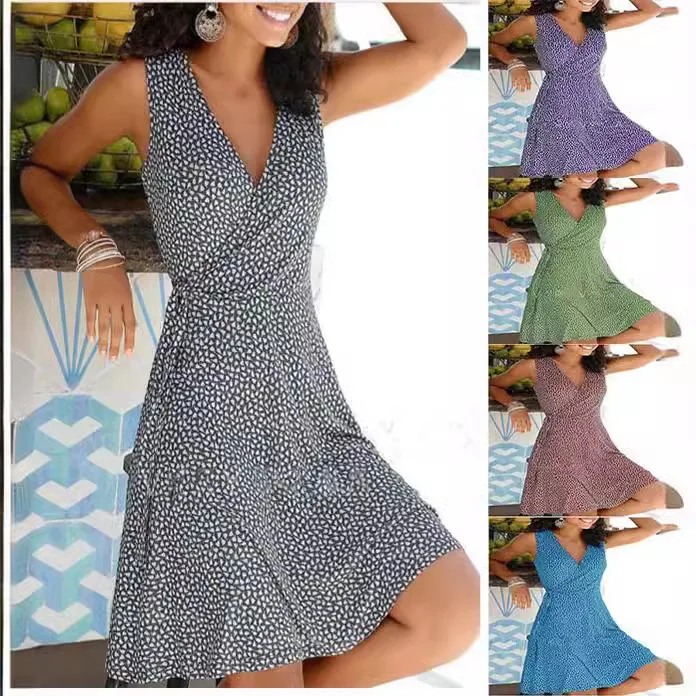 2025 verão novo vestido amazon casual moda rua férias versátil fino-encaixe impresso rendas sem mangas vestido midi feminino - Imagem 2