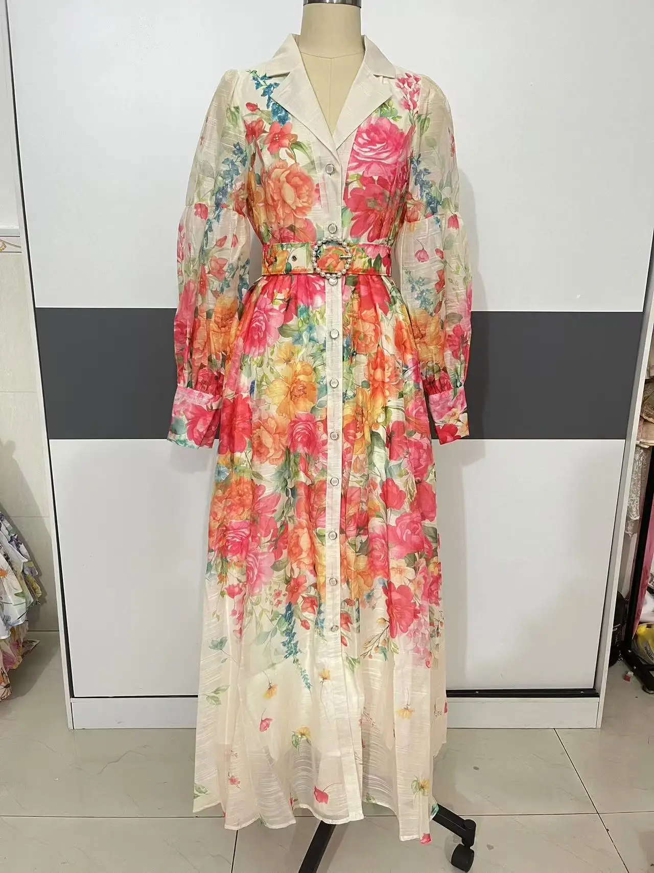 Palácio floral maxi vestido feminino verão férias vestidos longos camisa 2025 primavera manga cheia único breasted pérolas festa vestidos - Imagem 12