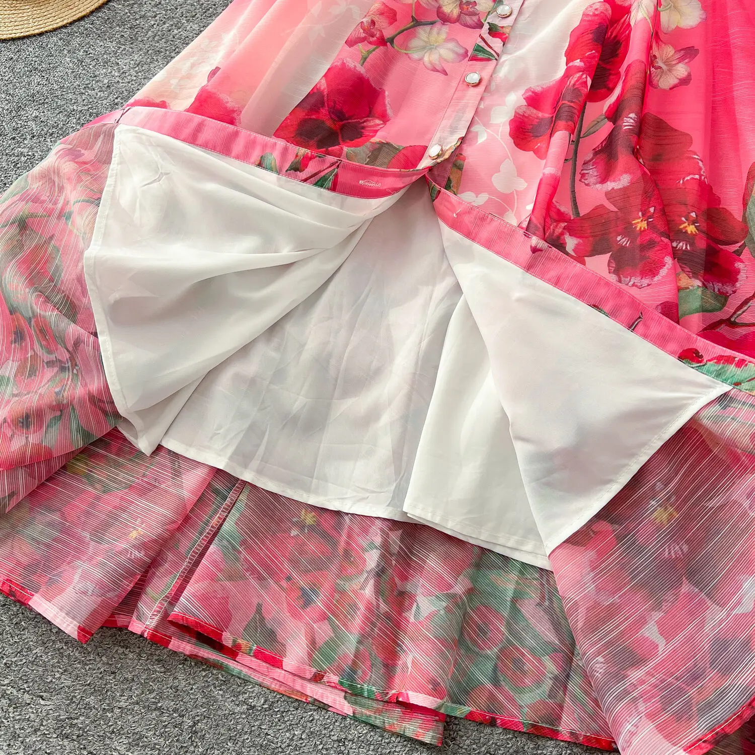 Palácio floral maxi vestido feminino verão férias vestidos longos camisa 2025 primavera manga cheia único breasted pérolas festa vestidos - Imagem 5