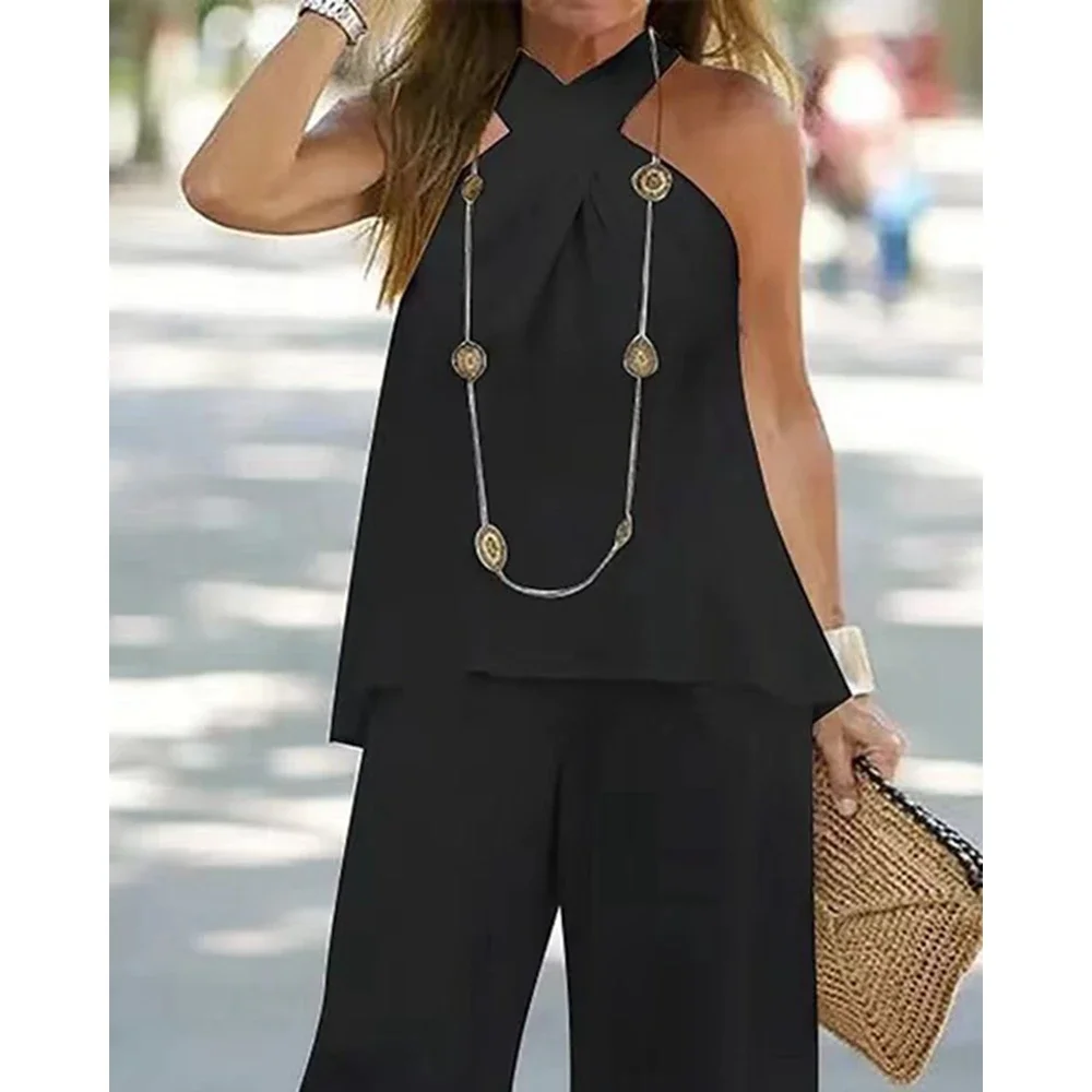 Conjunto de calças de cintura alta e top sem mangas com decote em v feminino, agasalho solto, roupas halter, moda casual, 2 peças - Imagem 5