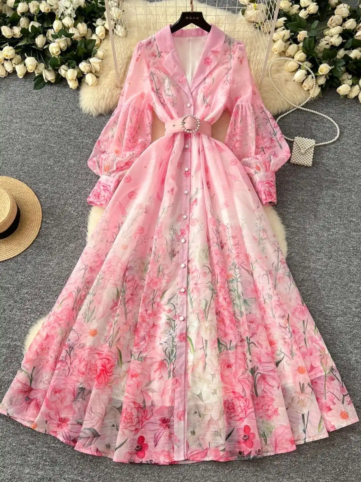 Palácio floral maxi vestido feminino verão férias vestidos longos camisa 2025 primavera manga cheia único breasted pérolas festa vestidos