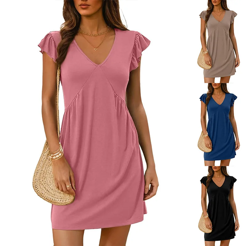 Feminino elegante manga voadora com decote em v mini vestido férias 2025 verão roupas femininas plissado vestidos de manga curta streetwear - Imagem 11