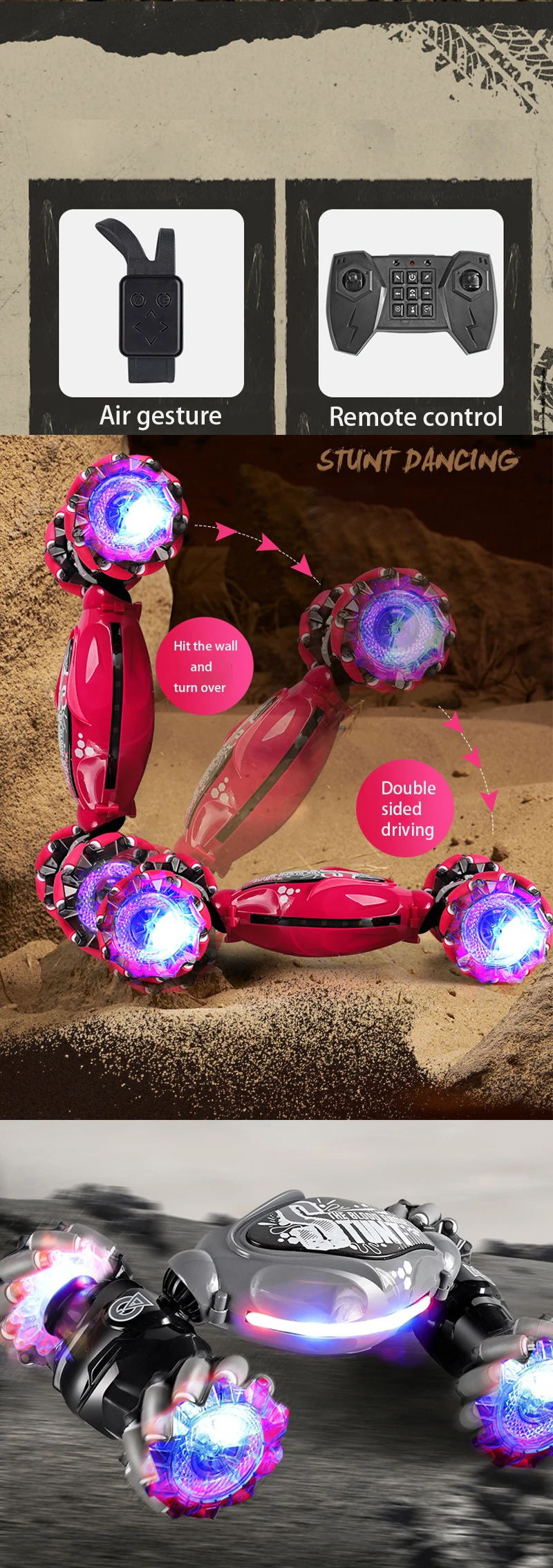 Carro de deriva 4WD RC com luzes LED de música 2.4G Gesto Rádio Controle Remoto Spray Stunt Car 360 °   Presentes de brinquedos de carro de escalada giratório - Imagem 15