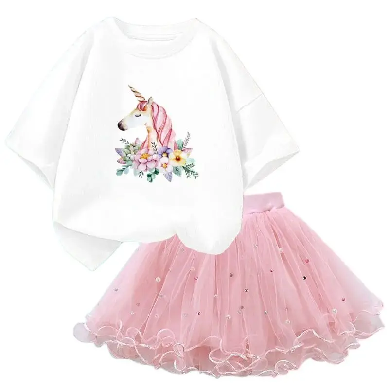 Conjunto de duas peças feminino, saia de malha tutu e camiseta, roupa de festa infantil, bonita coreana, moda verão, 3-14 anos - Imagem 36