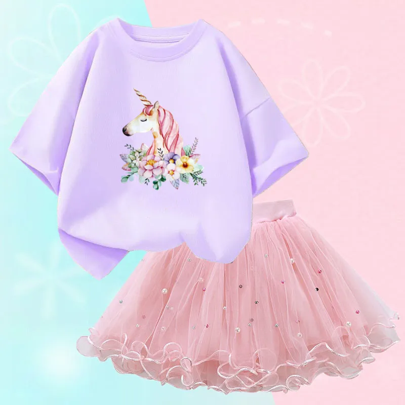 Conjunto de duas peças feminino, saia de malha tutu e camiseta, roupa de festa infantil, bonita coreana, moda verão, 3-14 anos - Imagem 9