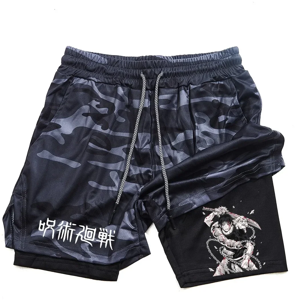 Calções de Anime Performance Masculina, Estampada Toji, Ginásio, Casual, Esportes, Treino, Corrida, Malha, Calça curta esportiva 2 em 1 - Imagem 10
