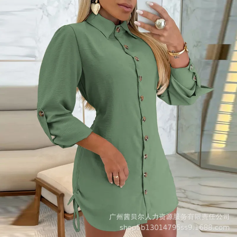 Mulheres xadrez manga longa lado plissado camisa com cordão vestido moda casual único breasted mini vestido camisas - Imagem 7