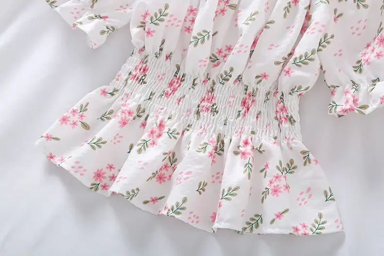 Doce flor quebrada Slash Neck Blusa para mulheres, Agaric Edge Plissado Design, cintura elástica fina Cropped Top, camiseta de chiffon bonito, verão - Imagem 13