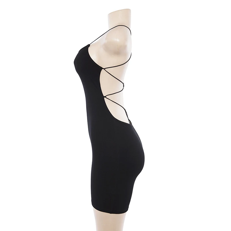 Sexy preto verão roupas femininas cor sólida sem costas cintas de espaguete boate vestido bodycon festa à noite baixo pescoço mini vestido - Imagem 29