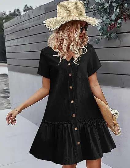 Casual algodão linho verão mini vestido para mulheres com decote em v babados manga curta vestido curto senhoras moda vestidos de botão solto - Imagem 26