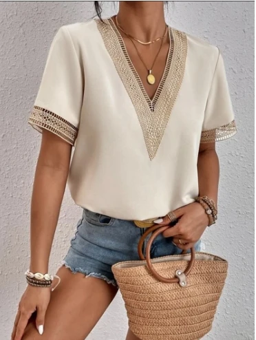 Blusas femininas primavera verão mais recente 2025 com decote em v renda casual camisa de cor sólida manga curta camiseta solta ajuste superior pulôver - Imagem 7