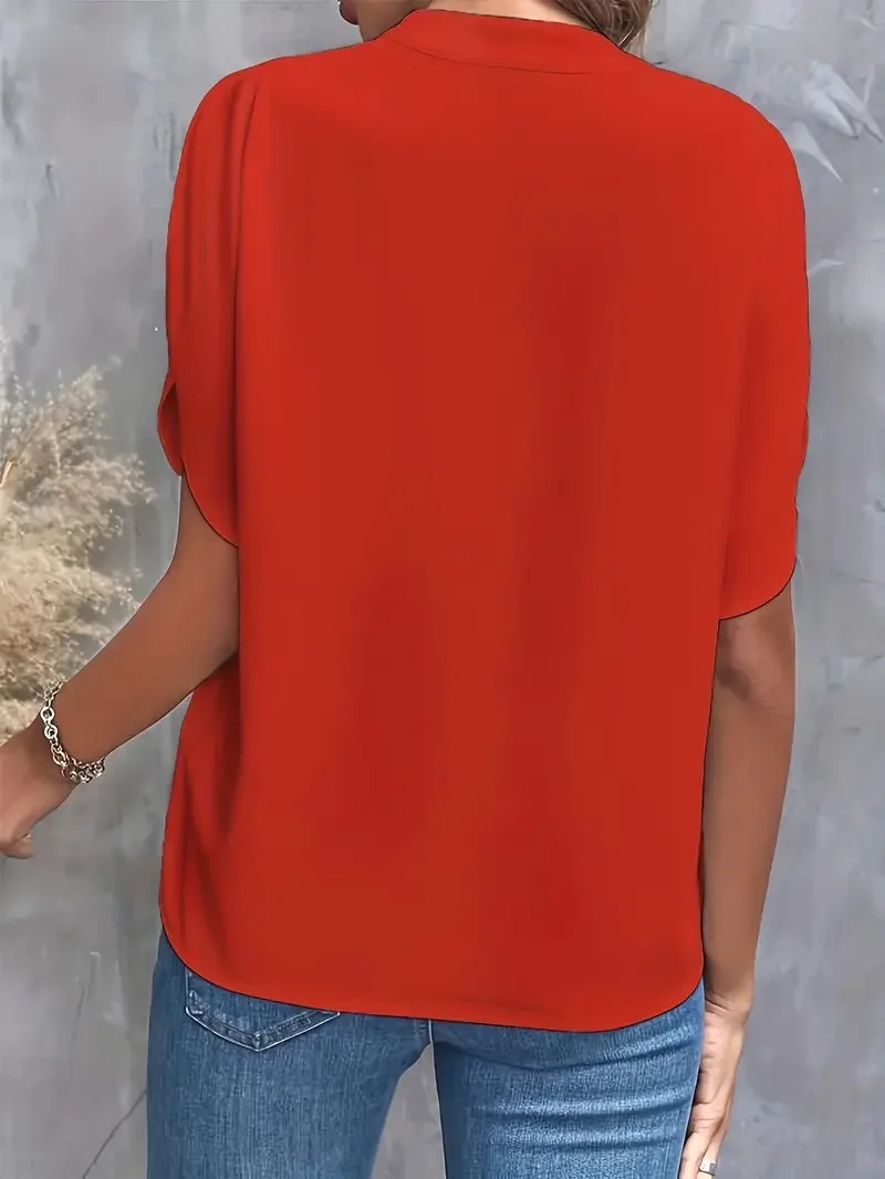 Verão elegante blusa feminina novo decote em v manga curta cor sólida camisa solta casual branco topos senhora do escritório blusas - Imagem 17