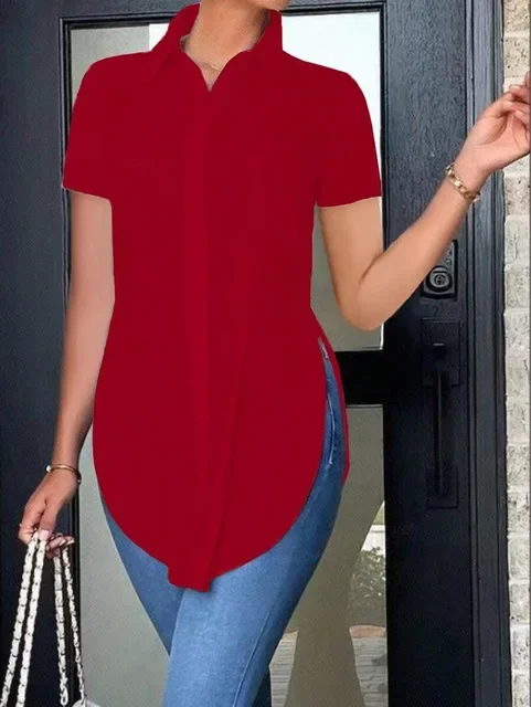 Blusas femininas verão casual branco camisa de manga curta moda ol lapela irregular camisas finas roupas femininas streetwear topos - Imagem 7