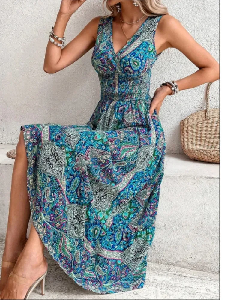 Verão boho vestidos femininos fahsion sem mangas impressão praia vestidos de festa 2024 elegante casual férias para mulher longo a linha vestido