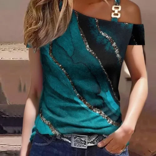 Blusa Feminina Fora do Ombro, Manga Curta, Folha de Metal, Camisa Diagonal, Casual Solta, Elegante Camisas de Escritório, Moda