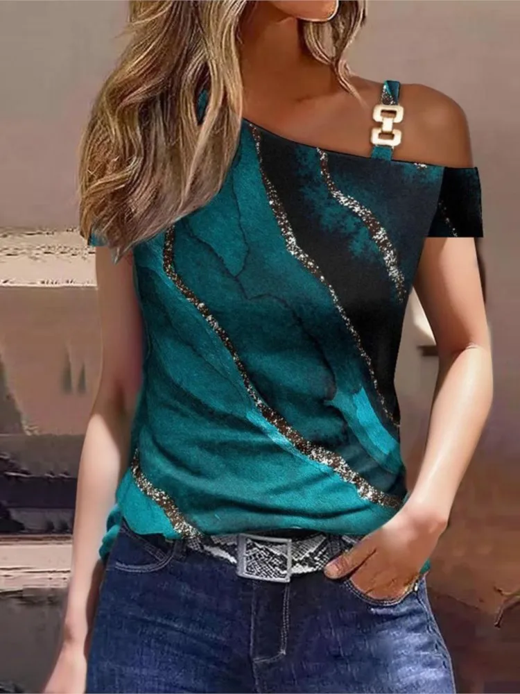 Blusa Feminina Fora do Ombro, Manga Curta, Folha de Metal, Camisa Diagonal, Casual Solta, Elegante Camisas de Escritório, Moda